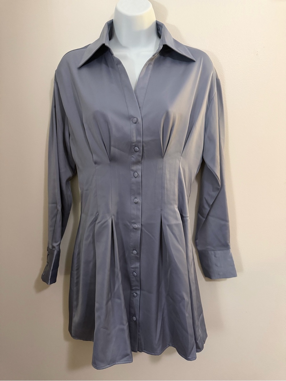 Lena Slate Blue Pleated Button-Front Long Sleeve Dress size small
